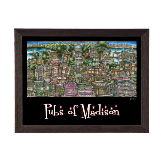 Framed illustration titled 'pubs of madison,' depicting a colorful, whimsical map of various fictional pubs in an urban setting.