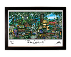 Colorful, artistic depiction of gainesville's iconic locations and pubs in a framed print, titled "pubs of gainesville.