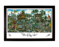Colorful, detailed artwork depicting various iconic buildings and scenes of key west, framed and titled "dabs of key west.