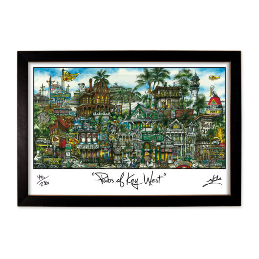 Colorful, detailed artwork depicting various iconic buildings and scenes of key west, framed and titled "dabs of key west.