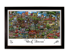 Colorful, detailed artwork depicting various whimsical and iconic buildings and signs representative of tallahassee, framed and titled "dabs of tallahassee.