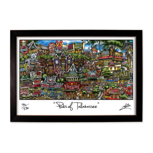 Colorful, detailed artwork depicting various whimsical and iconic buildings and signs representative of tallahassee, framed and titled "dabs of tallahassee.