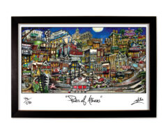 Colorful, detailed illustration of a vibrant street scene in athens, featuring various buildings and lively market stalls, framed and signed by the artist.