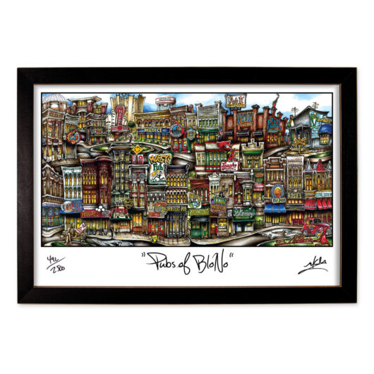 Colorful, detailed illustration of a bustling city street titled "pubs of dublin," featuring various pub facades, displayed in a black frame with artist's signature.
