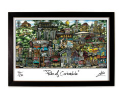 Colorful and detailed illustration of various landmark signs and buildings titled "pubs of carbondale," framed in black.