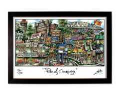 Colorful framed artwork titled "pubs of champaign," depicting various detailed and vibrant pub signs in an eclectic style.