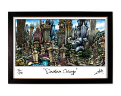 Framed artwork depicting a stylized, colorful illustration of downtown chicago with prominent buildings and whimsical elements, signed by the artist.