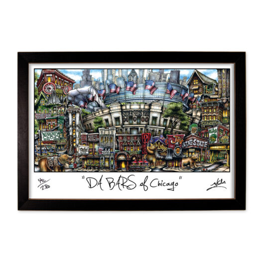 Colorful framed artwork depicting a whimsical and detailed illustration titled "da bars of chicago," featuring iconic bars and american flags.