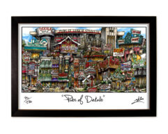Illustration titled "pubs of dekalb" featuring colorful, detailed depictions of various bars and buildings in a chaotic, dense cityscape, framed in black.