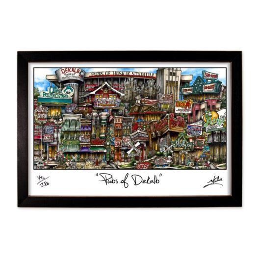 Illustration titled "pubs of dekalb" featuring colorful, detailed depictions of various bars and buildings in a chaotic, dense cityscape, framed in black.