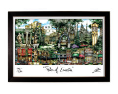 Framed artwork titled "pubs of evanston" featuring a colorful, detailed illustration of various pub facades in a lively street setting, signed by the artist.