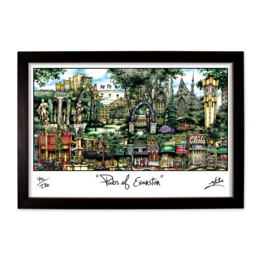 Framed artwork titled "pubs of evanston" featuring a colorful, detailed illustration of various pub facades in a lively street setting, signed by the artist.