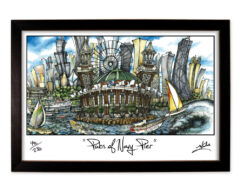 Framed artwork depicting a stylized illustration of navy pier with a colorful, whimsical cityscape, vibrant skies, and playful waves, signed by the artist.