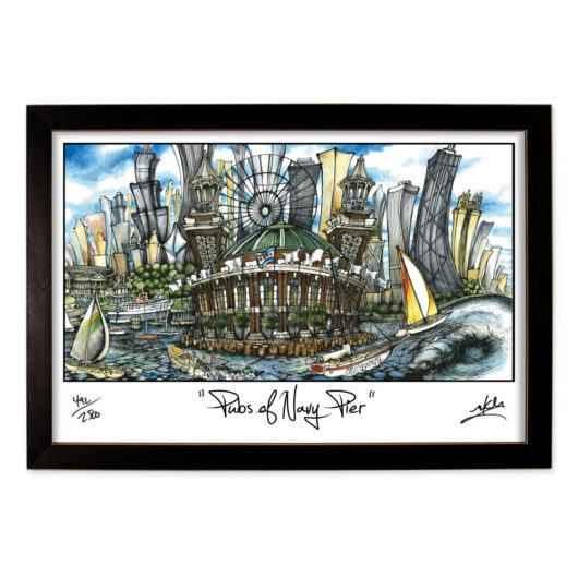 Framed artwork depicting a stylized illustration of navy pier with a colorful, whimsical cityscape, vibrant skies, and playful waves, signed by the artist.