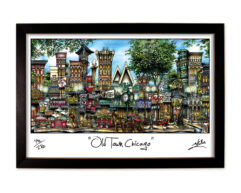 Colorful illustration of a vibrant street titled "old town chicago," featuring whimsical representations of buildings and businesses, framed and signed by the artist.