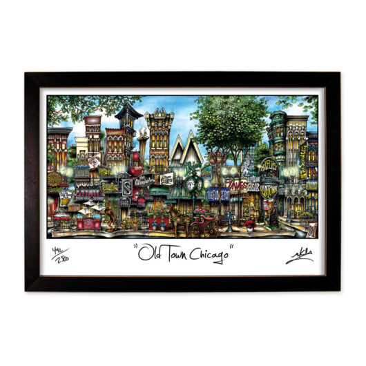 Colorful illustration of a vibrant street titled "old town chicago," featuring whimsical representations of buildings and businesses, framed and signed by the artist.