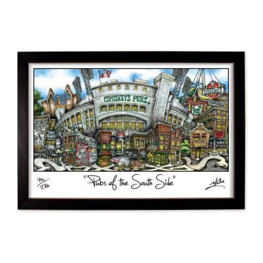 Framed artwork titled "pubs of the south side," depicting a colorful, stylized street scene with various pubs and buildings, each labeled with different names.