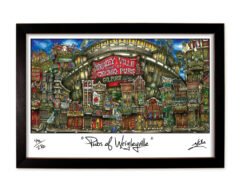 Framed artwork depicting colorful, stylized illustrations of various pubs and bars in the wrigleyville neighborhood of chicago, titled "pubs of wrigleyville.