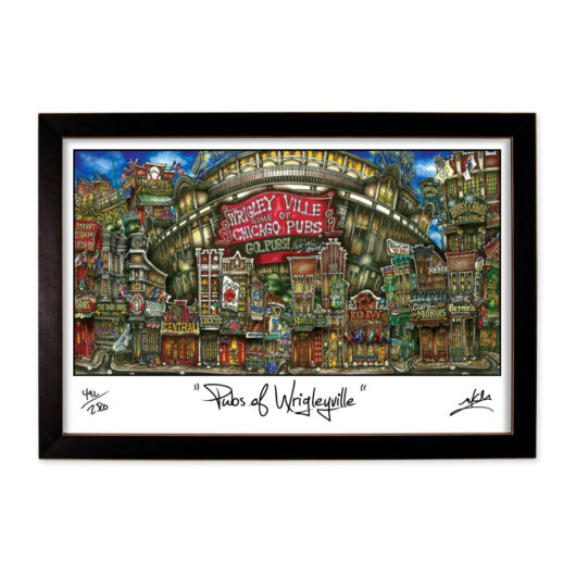 Framed artwork depicting colorful, stylized illustrations of various pubs and bars in the wrigleyville neighborhood of chicago, titled "pubs of wrigleyville.