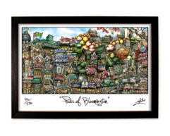 Colorful, framed artwork titled "pubs of bloomington," depicting a detailed and whimsical illustration of various pub signs and facades.