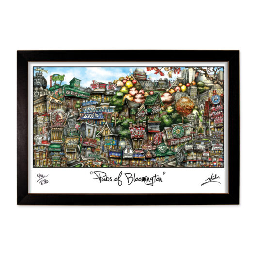 Colorful, framed artwork titled "pubs of bloomington," depicting a detailed and whimsical illustration of various pub signs and facades.