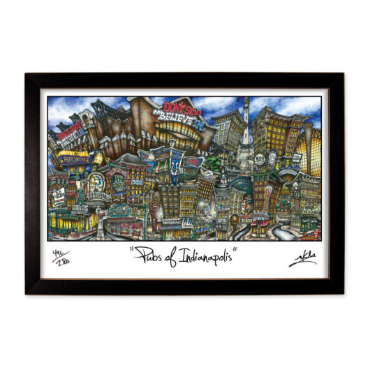 Framed colorful artwork titled "pubs of indianapolis," depicting a vibrant, detailed street scene with various bar facades.