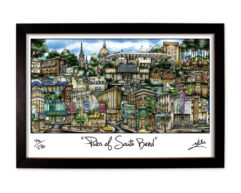 Colorful illustrated artwork titled "pubs of south bend" framed in black, featuring various bar and pub facades with architectural details.