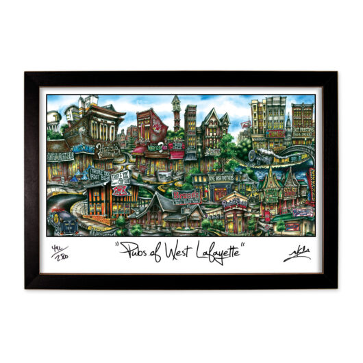 A colorful, detailed artwork depicting a whimsical urban scene titled "paths of west lafayette," framed and signed by the artist.