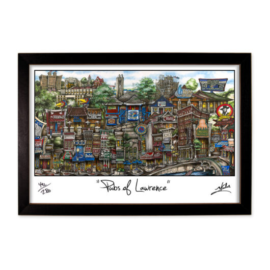 Colorful framed artwork titled "pubs of lawrence," depicting a vibrant and detailed street scene with various bar and pub signs.