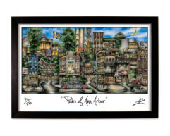 Framed artwork titled "pubs of ann arbor," depicting a colorful, whimsical illustration of various pub buildings in a lively, urban setting.