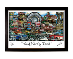 Framed illustration titled "pubs of motor city detroit," featuring vibrant, classic cars and iconic pub signs in a lively street scene.