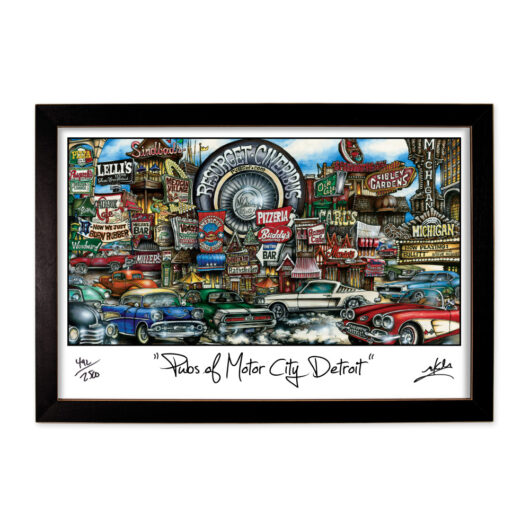 Framed illustration titled "pubs of motor city detroit," featuring vibrant, classic cars and iconic pub signs in a lively street scene.