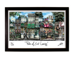 Framed artwork depicting a vibrant street scene titled "pubs of east lansing," featuring colorful illustrations of various bars and restaurants.