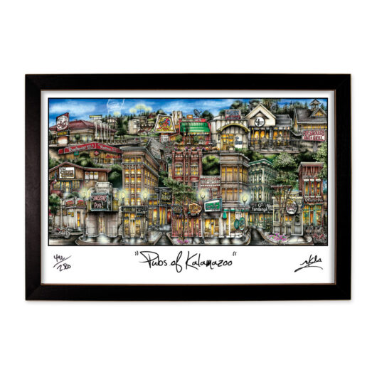 Framed artwork titled "pubs of kalamazoo" featuring a colorful and detailed illustration of various fictional pub facades.