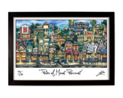 Framed artwork titled "pubs of mount pleasant" featuring a colorful, detailed illustration of various pub facades in an eclectic style, signed by the artist.