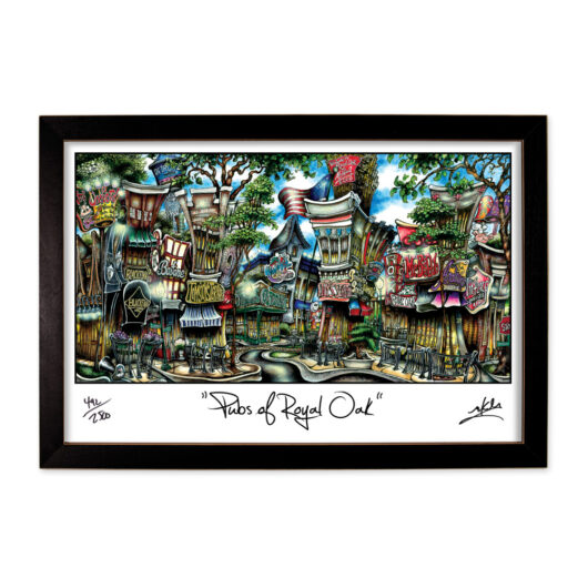 Framed art print depicting a colorful, whimsical illustration of the bustling streets and storefronts in royal oak.