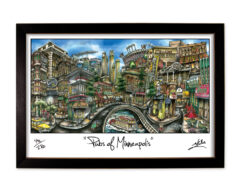 A colorful framed artwork titled "piazzas of minneapolis" showcasing a vibrant, imaginative cityscape with buildings, streets, and a central bridge.
