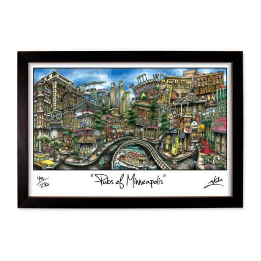 A colorful framed artwork titled "piazzas of minneapolis" showcasing a vibrant, imaginative cityscape with buildings, streets, and a central bridge.