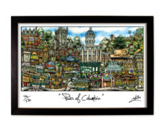 Colorful illustrated map titled "pubs of columbia" framed in black, featuring various fictional pubs and buildings in a detailed, whimsical style.