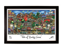 A colorful framed painting titled "paths of bowling green," depicting a vibrant, whimsical cityscape with eye-catching details and signage.