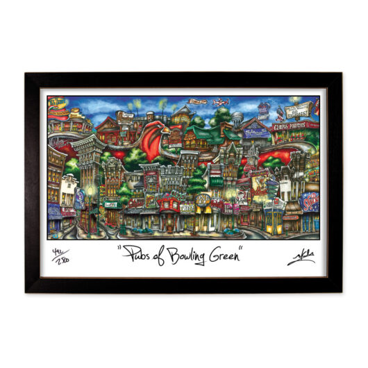 A colorful framed painting titled "paths of bowling green," depicting a vibrant, whimsical cityscape with eye-catching details and signage.