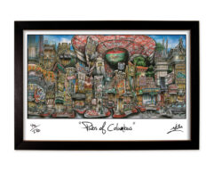 Framed artwork depicting a colorful, whimsical illustration of various columbus, ohio landmarks and cultural icons, signed by the artist.
