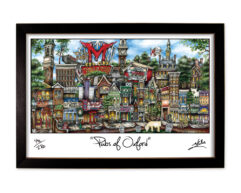 Colorful illustrated print titled "pubs of oxford" in a black frame, depicting a whimsical street scene with various stylized british pubs and buildings.