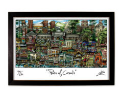 Framed artwork titled "pubs of corvallis" depicting a colorful, detailed illustration of various pub buildings in an urban setting, signed by the artist.