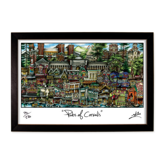 Framed artwork titled "pubs of corvallis" depicting a colorful, detailed illustration of various pub buildings in an urban setting, signed by the artist.