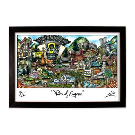 Framed artwork titled "pubs of eugene," depicting a colorful, cartoonish illustration of various fictional pub buildings in a lively, bustling street scene.