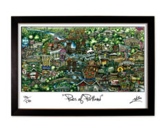 Framed illustration titled 'places of portland,' featuring a colorful, detailed map of portland landmarks and street scenes, signed by the artist.