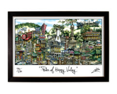 Framed colorful illustration titled "pubs of happy valley," depicting a whimsical street scene with various stylized pub exteriors.