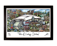 Framed, colorful illustration of a stadium labeled 'dallas cowboys stadium' surrounded by cityscape and landmarks, signed by the artist.