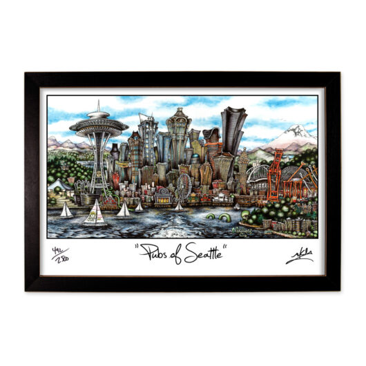 Illustration of Seattle's skyline with iconic landmarks like the Space Needle, framed and labeled "Pabs of Seattle," perfect as a gift.